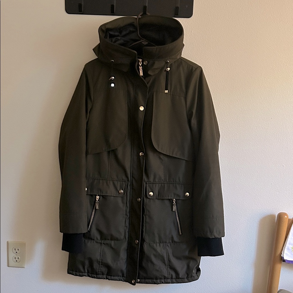 Olive Green Utility Rain Quilted Gold Accents Winter Hooded Jacket Coat Medium